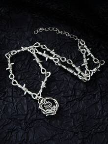 1pc Women's Hip Hop Gothic Punk Style Heart-Shaped Barbed Wire Necklace With Small Spikes, Gift - Pendant Necklace - View 7