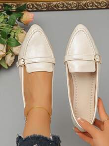 Women's Elegant Pointed Toe Slip-On Beige Shoes, Commuter Style Spring/Autumn New Office Wear Navy Loafers, Versatile Flat Shoes - Beige Red PU - Round Buckle - View 2