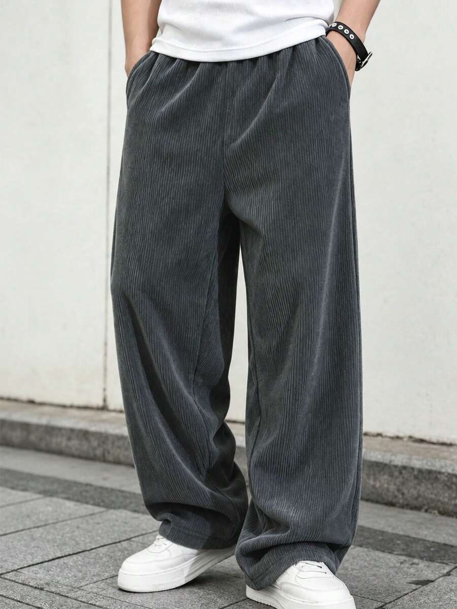 1pc Teen Boys Loose Fit Corduroy Straight Leg Casual Pants, Versatile For Autumn/Winter - Dark Grey - View 1