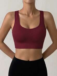 DAZY EMUPER 1pc Seamless Sports Racerback Bra, Hollow Backside Outerwear Elastic Solid Color Women Lingerie - Red - View 3
