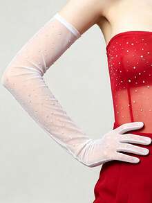 1 Pair Women's Long Arm Sleeves Mesh Rhinestone Gloves, Sheer Sparkling Evening Party Ball Dress Accessory - A - View 5