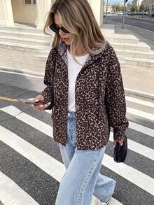 Women Fall Elegant Hooded Long Sleeve Jacket, Leopard Print Drawstring Button Front Pocketed Loose Fit Daily Street Vacation Outerwear - Multicolor - View 1