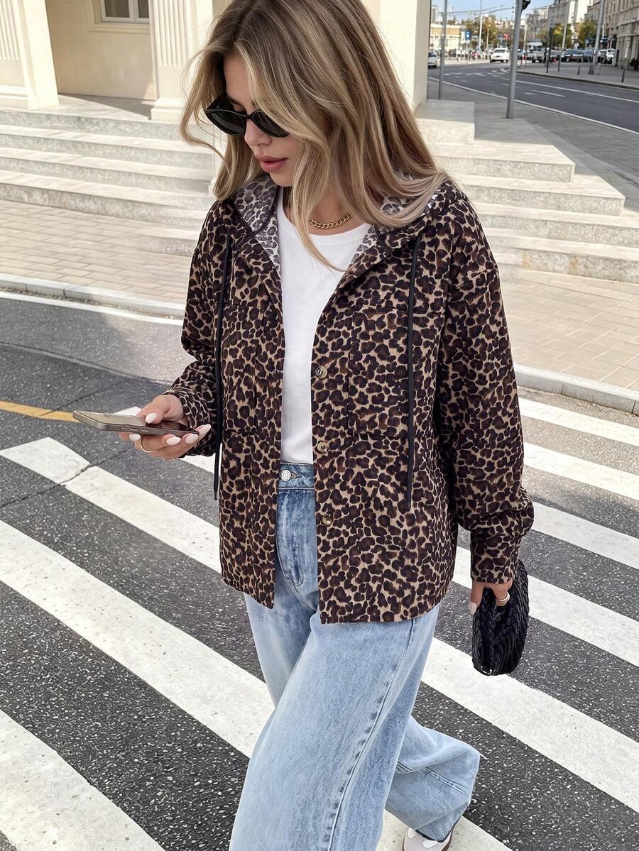 Women Fall Elegant Hooded Long Sleeve Jacket, Leopard Print Drawstring Button Front Pocketed Loose Fit Daily Street Vacation Outerwear - Multicolor - View 1