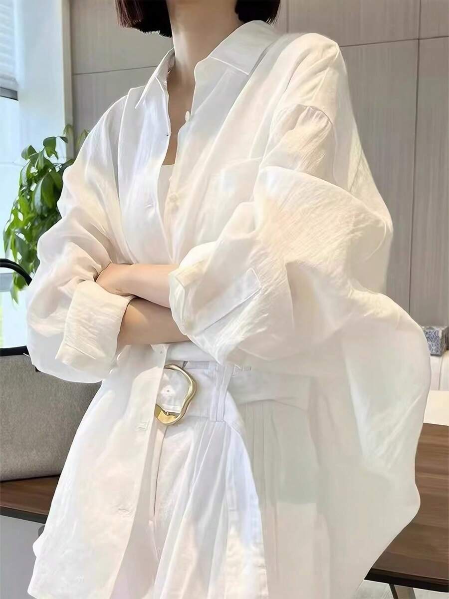 Casual Fashion Lazy Loose Long Sleeve White Shirt, Suitable For Daily Outings, Vacation, Travel Cover-Up, Elegant Women's Shirt, Young Women's Shirt - White - View 1