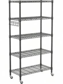 Estantería Metálica de 5 Niveles con Ruedas, Estante de Alambre Ajustable y Ganchos Laterales, Mueble de Almacenamiento Resistente, Ideal para Cocina, Baño, Cochera y Despensa - Negro - Ver 1