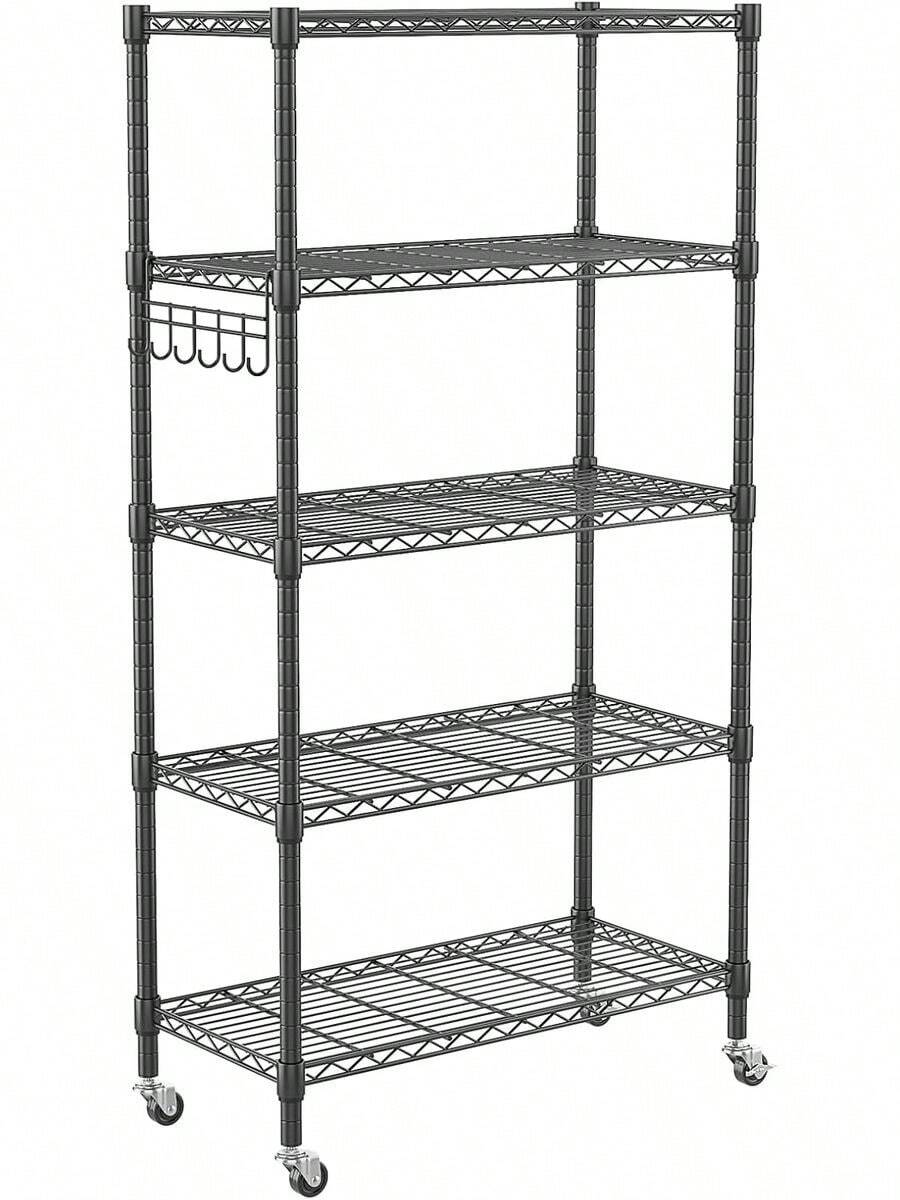 Estantería Metálica de 5 Niveles con Ruedas, Estante de Alambre Ajustable y Ganchos Laterales, Mueble de Almacenamiento Resistente, Ideal para Cocina, Baño, Cochera y Despensa - Negro - Ver 1