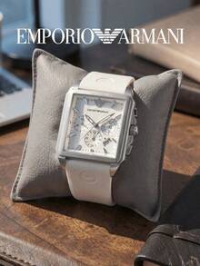Armani Men's Quartz Chronograph Watch AR5851, Square Case With White Textured Dial And Date Window, Beige Silicone Strap Daily Watch - White - View 6
