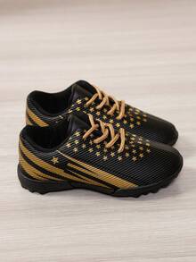 Boys' Star Stripe Studded Soccer Shoes, Lace-Up Non-Slip Children's Sports Field Training Shoes - Black - View 11