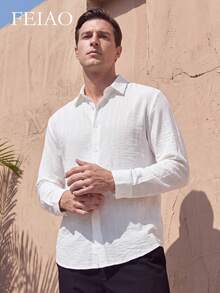 FEIAO Men's Vintage "Old Money" Textured Button Long Sleeve Shirt, Suitable For Commuting, Casual And Vacation, Versatile All-Season Style - White - View 5