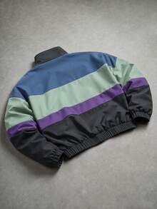 Men's Vintage Racing Style Printed Colorblock Jacket, Loose Casual Streetwear Outerwear, Relaxed Casual Style - Mint Green - View 2