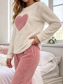 Autumn/Winter Casual Soft Plush 2 Pieces Pajama Set, Round Neck Heart Embroidery Long Top & Loose Wide Leg Pants, Warm Winter Loungewear - Pink - View 5