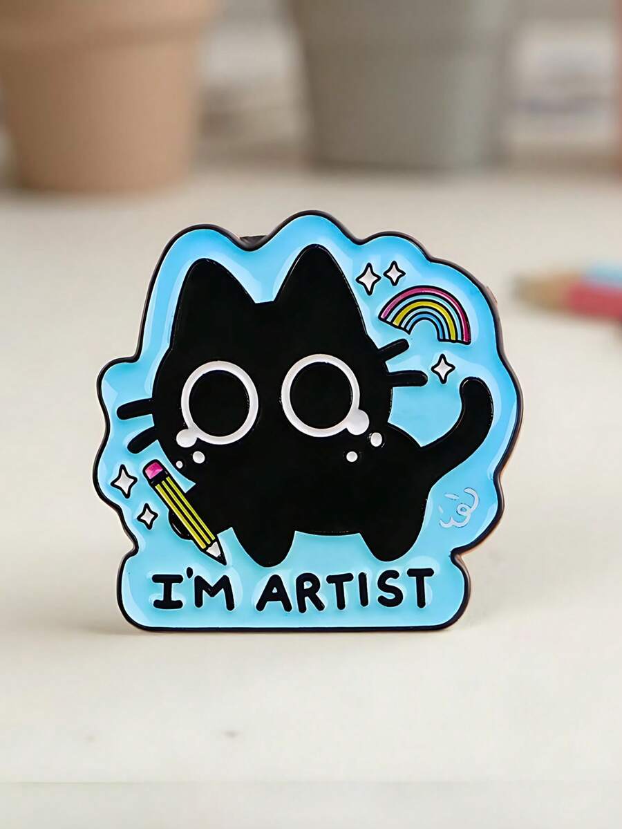 1pc Fun Artistic Style Alloy Enamel Rainbow Pencil Black Cat Brooch, Unisex Backpack & Clothing Decoration Gift - Artist Cat - View 1