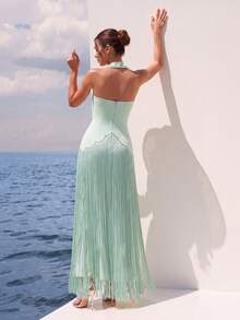 FEELAIR Sexy Halter Neck Sleeveless Backless Heavy Rhinestone Tassel Maxi Dress, Suitable For Wedding, Holiday, Party, Women's Formal Evening - Mint Green - View 11