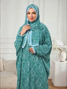 Women's Green Floral Pattern Abaya Long Robe, Lace Trim Long Sleeve Loose Long Islamic Dress With Matching Hooded Hijab, Suitable For Ramadan And Eid Conservative Ramadan Outfit - Mint Green - View 4