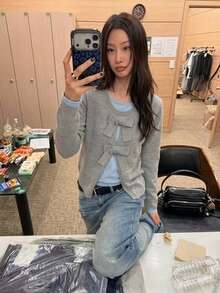 Women's Gray Decorative Bow Cardigan Sweater, Fashion Knit Casual Jacket - Grey - View 4
