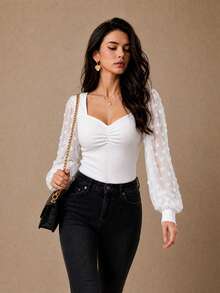 Women's Fashion Sweetheart Neck Bishop Sleeve Top, Elegant Ribbed Knit - White - View 3