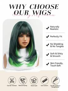 Topshe 18 Inch Medium Length Layered Straight Hair Women's Wig, Dark Green Base With Bright Green Gradient, Full Bangs, Heat-Resistant Synthetic Fiber, Suitable For Anime Cosplay, Halloween, Festival, Nightclub And Short Video Shooting - Piano Color - View 9