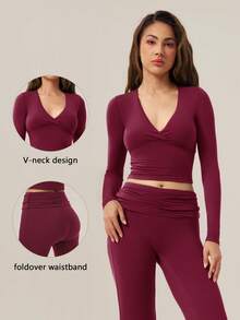 TimeOff Conjunto deportivo de mujer de un solo color con escote en V profundo, nudo delantero, manga larga, cintura plisada y pierna acampanada - Rojo - Ver 11