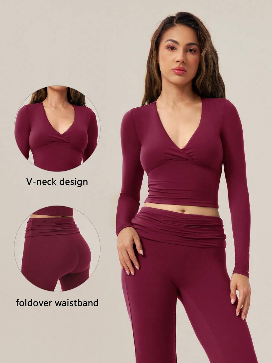 TimeOff Women's One Set Solid Color Deep V-Neck Front Knot Long Sleeve Fold Waist Flared Leg Sports Outfit - Red - View 1