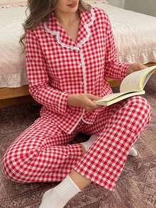 DAZY 2pcs Women's Plaid Print Lace Patchwork Long Sleeve Pajama Top + Elastic Waist Long Pants Loungewear Set - Red - View 1