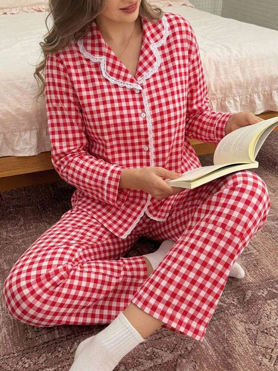 DAZY 2pcs Women's Plaid Print Lace Patchwork Long Sleeve Pajama Top + Elastic Waist Long Pants Loungewear Set - Red - View 1