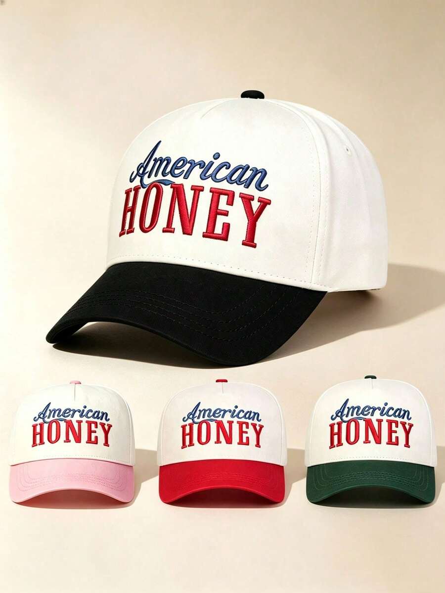 قبعة بيسبول بحافة منحنية بتصميم كتل لونية للجنسين، تطريز "American HONEY" ثنائي اللون، حافة متباينة، قابلة للتعديل، للاستخدام اليومي والشارع والسفر