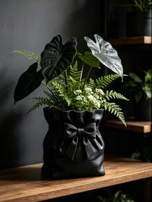 3D Printed Pleated Fabric Bag Shaped Planter With Bowknot, Minimalist Creative Desktop Potted Plant Container, Succulent And Small Green Plant Decorative Flower Pot - B - View 5