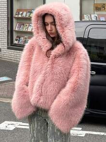 Faux Fur Hooded Winter Jacket, Loose Short Coat, Casual Street Style Winter Outfit, Pink - Pink - View 5