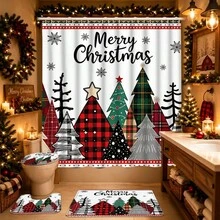 1/4pcs Christmas Tree Pattern Shower Curtain Set, Merry Christmas Buffalo Plaid Farmhouse Style Shower Curtain, Waterproof Fabric Winter Bathroom Shower Curtain, 70.8*70.8 Inches - A - View 19