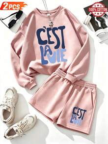 Autumn/Winter Pure Cotton Women's Sweatshirt Set, Personalized Slogan Print, Crew Neck Loose Long Top And Wide-Leg Pants 2-Piece Set - Baby Pink - View 5