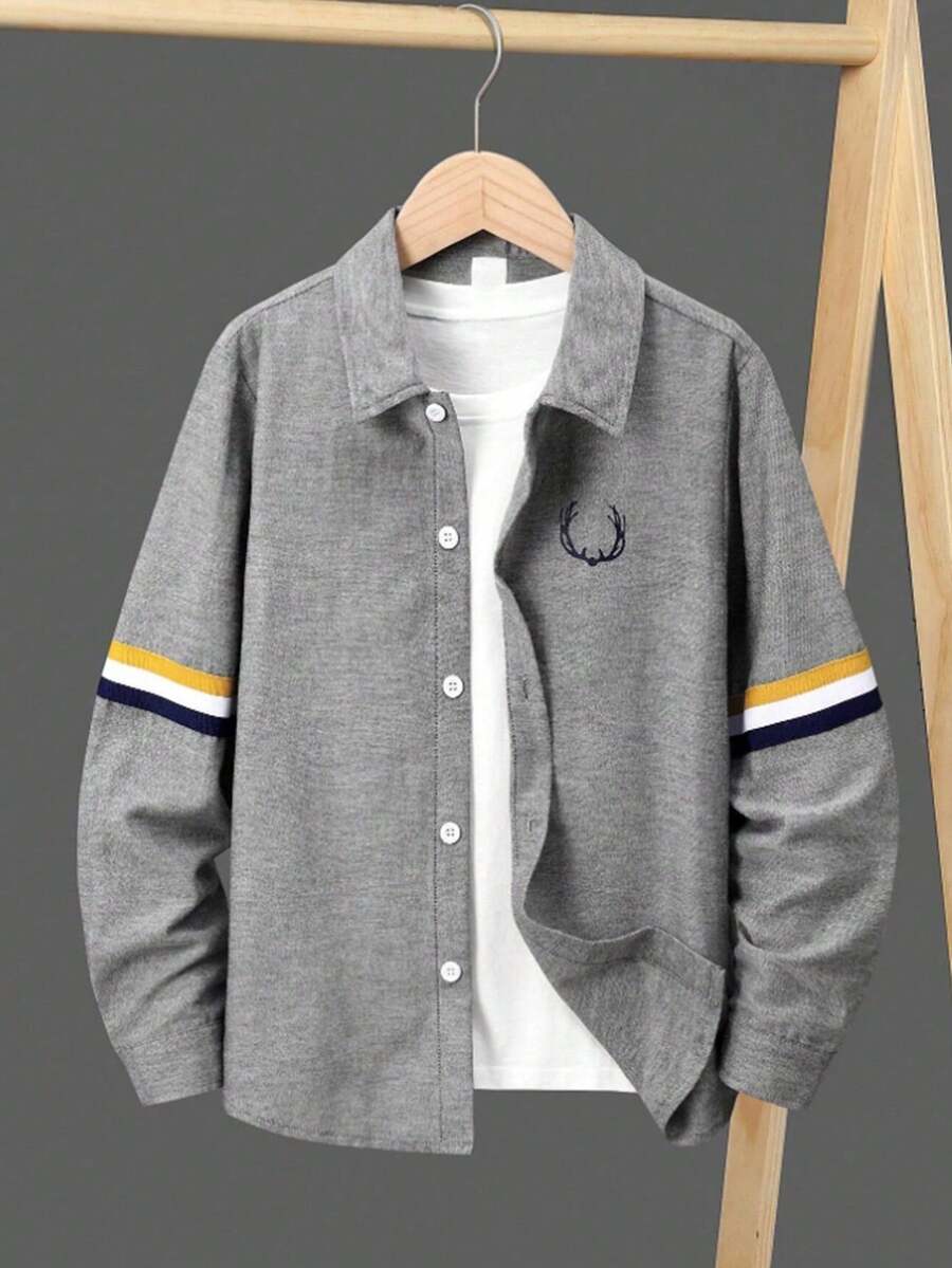 GOLDREDY Spring/Autumn New Men's Loose Striped Colorblock Sleeve Design Lapel Casual Shirt - Grey - View 1