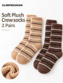 CLIMPRESSION Men's Striped Plush Crew Socks, Thick Fuzzy Coral Fleece Mid Calf Socks, Warm Winter Thermal Home Sleeping Socks - Blue - View 16