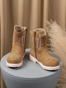 Girls' Vintage Playful Khaki Side Zipper Striped Embroidered Western Ankle Boots, Suitable For Holiday Outings And Autumn/Winter Outfits - Khaki - View 4