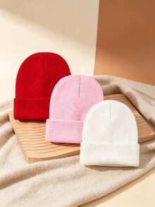 3Pcs Kids Unisex Solid Color Ribbed Knit Beanie Autumn Winter Warm Soft Cuffed Hat - Multicolor - View 4