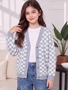 Girls' & Teens' Vintage Plaid Long Sleeve Knit Cardigan, Loose Fit Versatile Outerwear Sweater Top - Grey - View 8