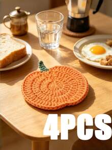 4/1pc Pumpkin Crochet Coaster Set, 4 Colors, Handmade, Highly Absorbent, Suitable For Autumn Thanksgiving, Halloween Home Decor, Rustic Coffee Table Mat, Cute Autumn Kitchen Accessory, Perfect Autumn Gift For Friends, Family And Coffee Lovers - Model B - View 11