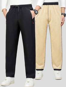 2pcs/Pack Men's Thick Wool Lined Straight Leg Pants, With Elastic Drawstring And Side Zipper Pockets, Suitable For Winter Casual Wear And Warmth - Multicolor - View 4