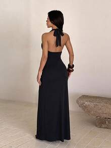 1pc Solid Color Elegant Knit Fabric Dress For Wedding Autumn - Black - View 4