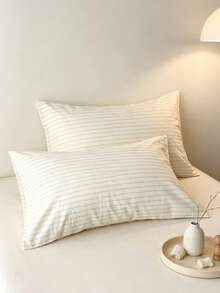 1PC 100% Pure Cotton Pillowcase, Washed Cotton Pillowcase, Natural Texture, Natural Touch, Envelope Style Pillowcase, Bedroom Bedding Dorm Decor, Simple Plaid Stripe Pattern - Multicolor - View 1