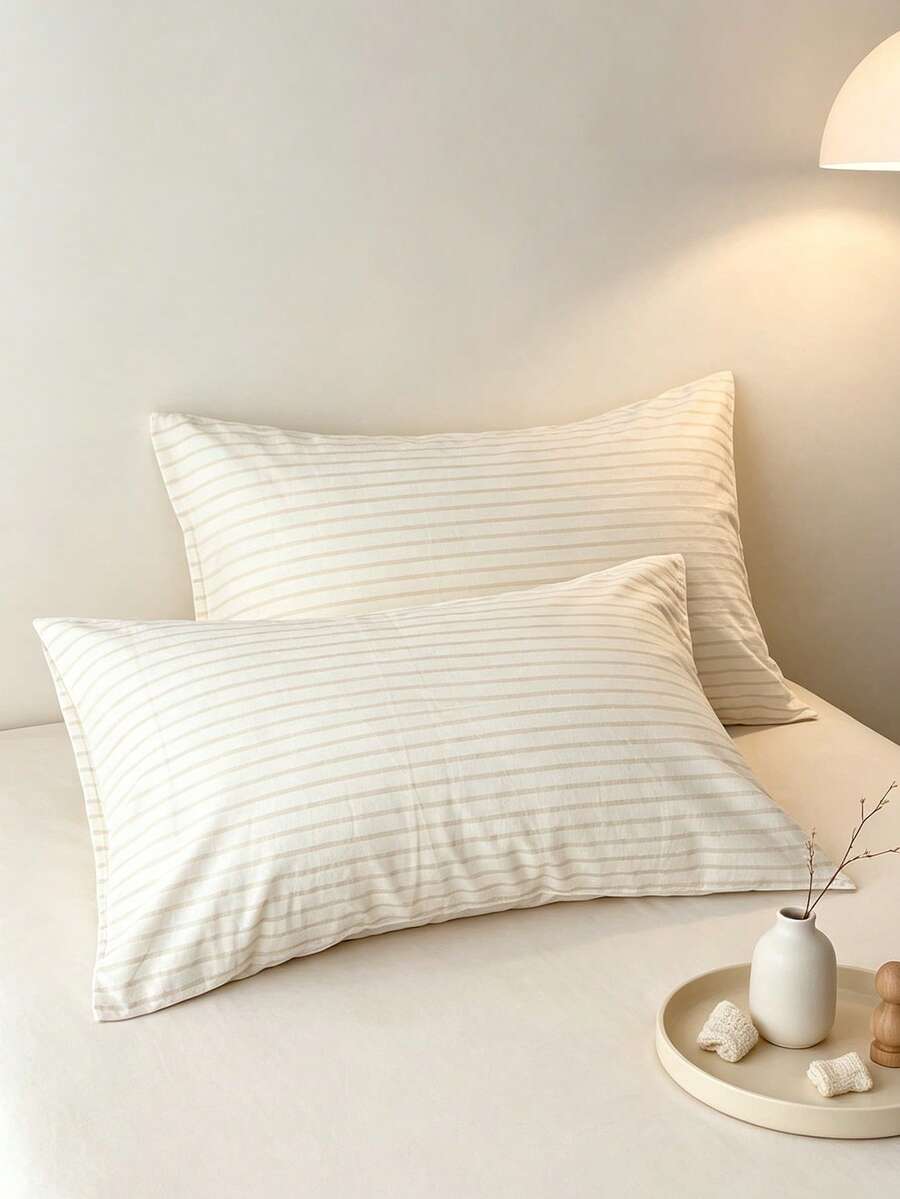 1PC 100% Pure Cotton Pillowcase, Washed Cotton Pillowcase, Natural Texture, Natural Touch, Envelope Style Pillowcase, Bedroom Bedding Dorm Decor, Simple Plaid Stripe Pattern - Multicolor - View 1