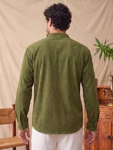 glestore Kemeja Lengan Panjang Pria Gaya Vintage, Tekstur Korduroi, Modis, Kasual, dan Serbaguna, Cocok untuk Perjalanan dan Liburan - Hijau Tentara - View 3