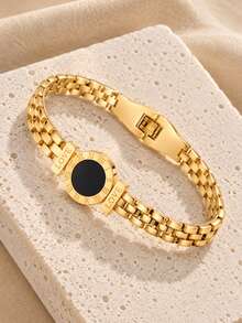 Camhanno Gold Stainless Steel Stackable Bangle 5PCS Set, CZ Four Leaf & Roman Dial Women Fashion Jewelry - Multicolor - View 6