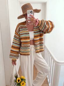 Rainbow Striped Knit Cardigan, Buttonless V-Neck Dropped Shoulder Long Sleeve Loose Soft Fuzzy Texture Women's Autumn/Winter Holiday Daily Casual Sweater Jacket - Mocha Brown - View 5