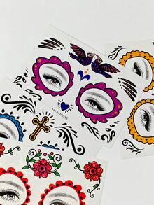 4pcs Day Of The Dead Temporary Face Tattoo Stickers, Sugar Skull Floral Cross Bird Candle Spider Web Face Decals, Colorful Mexican Festival Face Stickers, Suitable For Day Of The Dead, Party Makeup - Multicolor - View 9