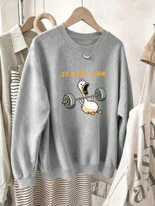 Plus-Size Women's Casual Sporty Crewneck Sweatshirt With A Fun Weightlifting Duck "If I Die, I Die" Slogan Graphic Print Perfect For Autumn And Winter - Grey - View 6