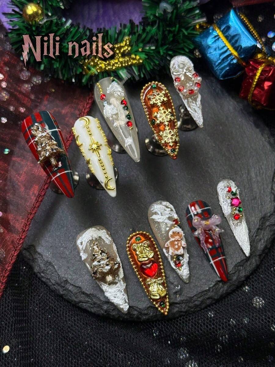 10片手工全覆蓋尖頭穿戴甲，紅色聖誕格紋雪花薑餅人聖誕樹鈴鐺3D月亮星星樹脂風，可拆卸假指甲，適合派對舞會日常節日Y2K聖誕美甲，含果凍膠與指甲锉