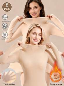 2pcs Women's High Neck Seamless Warm Long Sleeve Innerwear Tops, Slim Fit Elastic Autumn Winter Base Layer - Apricot - View 1