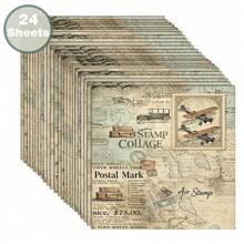 24 Sheets 6x6 Inch Vintage Travel Scrapbooking Paper, Non-Repeating Pattern Postage Stamp Collage Cardstock, Distressed Map And Airplane Craft Paper, Suitable For DIY Junk Journal, Nautical Diary And Vintage Paper - Square - View 2