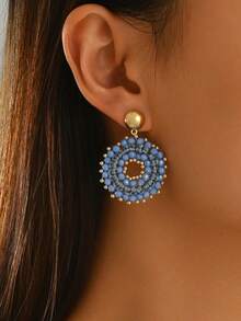 1 Pair Fashion Minimalist Elegant Braided Rope Handmade Beaded Hollow Round Hoop Earrings, Suitable For Women's Daily, Vacation, Party Wear - Blue - View 2