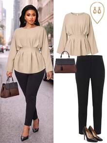 Plus Size Women's Woven Fabric Flared Hem Long Sleeve Blouse, Back Tie Design, Round Neck Slim Fit Top, Suitable For Autumn Wear - Light Khaki - View 4